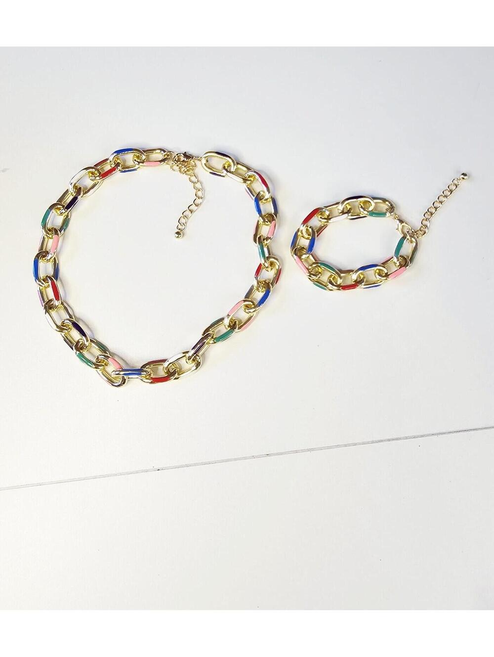 Gold-plated Multicolor Enamel Necklace And Bracelet Set Adjustable Lightweight - Picture 2 of 6